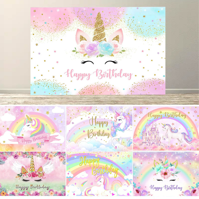 Einhorn Poster mit Regenbogen, pastellfarbenem Schloss und Einhörnern für Geburtstagsdekoration