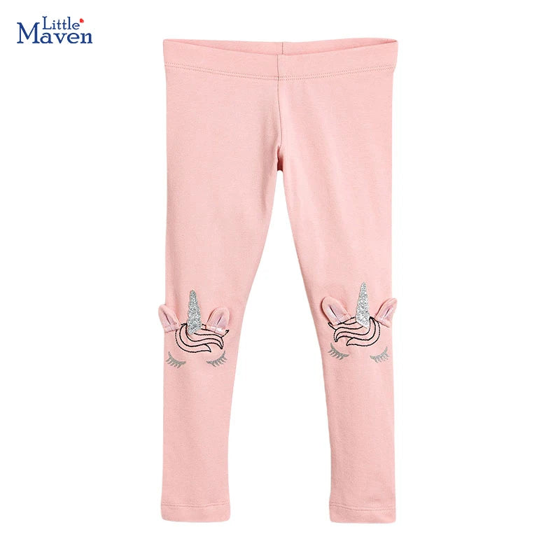 Baumwoll-Einhorn-Leggings für Mädchen mit stereoskopischer Cartoon-Einhorn-Stickerei auf dem Hosenbein