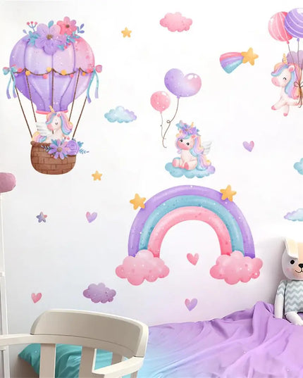 Einhorn Wandtattoo mit Regenbogen und Heißluftballon für ein farbenfrohes Kinder- oder Mädchenzimmer