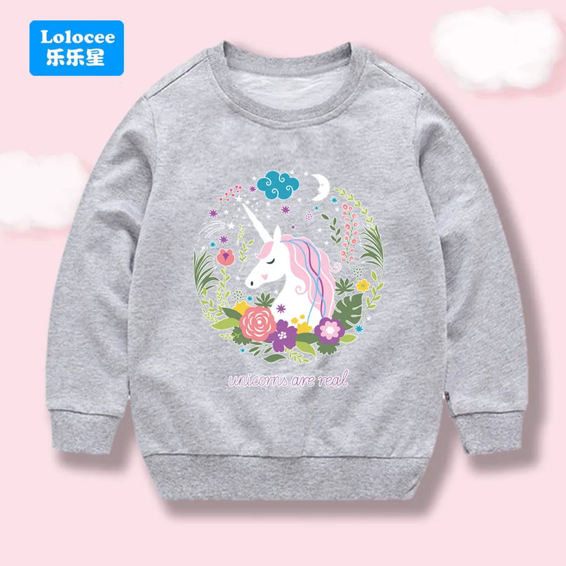 Grauer Einhorn Hoodie für Mädchen mit blumigem Einhorn-Motiv, bequem und stilvoll für jeden Tag.