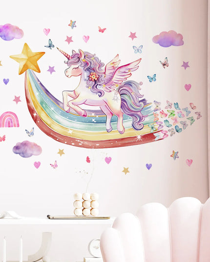 Farbenfrohes Regenbogen Einhorn Wandtattoo mit Sternen und Schmetterlingen, aus PVC, für Kinderzimmer