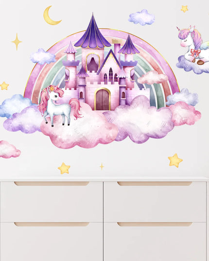Einhorn Wandtattoo mit einem majestätischen Schloss und einem bunten Regenbogen für das Mädchenzimmer