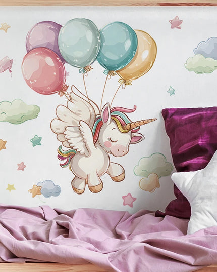 Einhorn Wandtattoo mit Cartoon-Pony, bunten Ballons und flauschigen Wolken für das Kinderzimmer