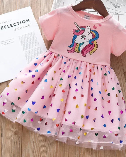 Blaues Einhorn Prinzessinnenkleid für Mädchen mit kurzen, fliegenden Ärmeln und glitzernden Pailletten