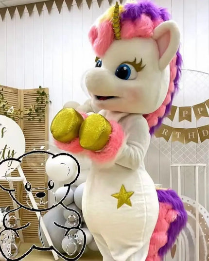 Erwachsenes Einhorn Maskottchen Kostuem in Weiß für Events und Cosplay, mit freundlichem Gesicht und Horn