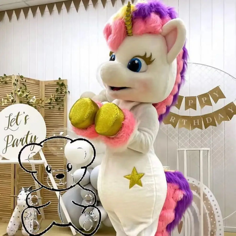 Erwachsenes Einhorn Maskottchen Kostuem in Weiß für Events und Cosplay, mit freundlichem Gesicht und Horn