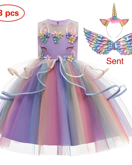Mädchen im Einhorn Kostuem Blumen Prinzessin Kleid in Türkis mit Schleifen und floralen Mustern