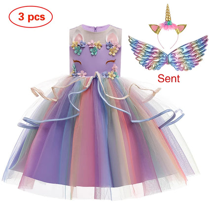Mädchen im Einhorn Kostuem Blumen Prinzessin Kleid in Türkis mit Schleifen und floralen Mustern