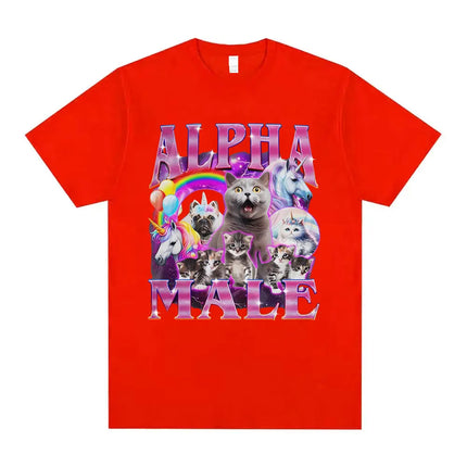 Rotes Einhorn T-Shirt mit Alpha Male Katze Einhorn Meme Print für Herren und Damen, Streetwear-Look