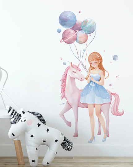 Mädchen Einhorn Wandtattoo aus Vinyl für Babyzimmer und Kinderzimmer, selbstklebend und wasserfest.