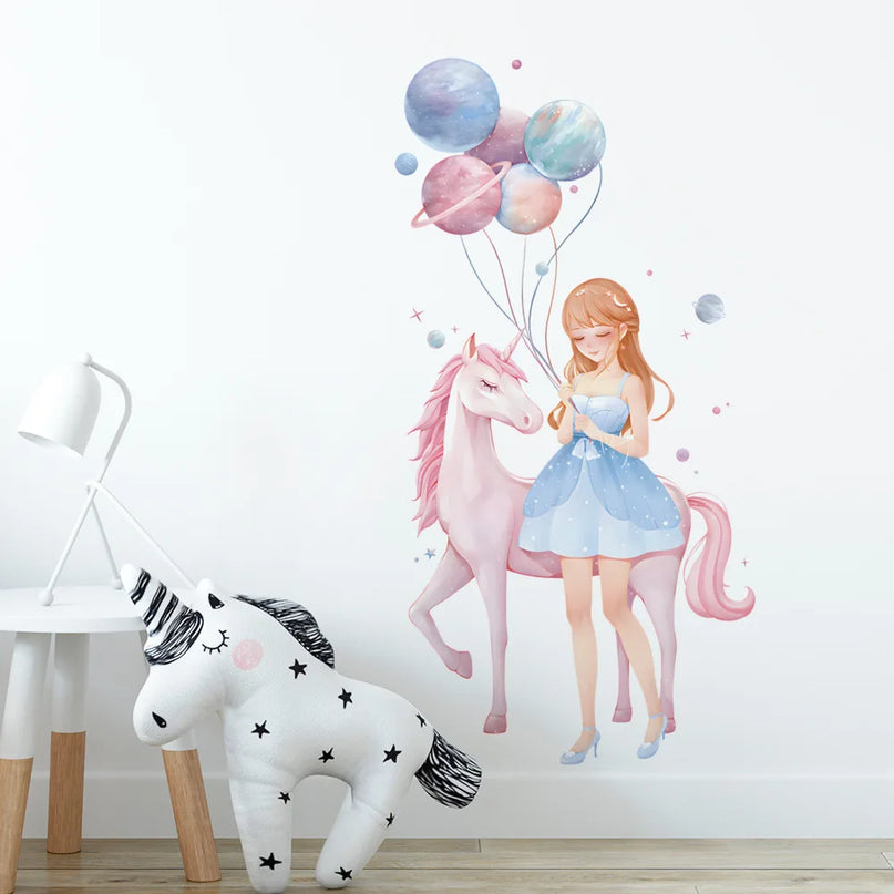 Mädchen Einhorn Wandtattoo aus Vinyl für Babyzimmer und Kinderzimmer, selbstklebend und wasserfest.