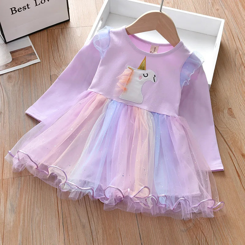 Lila langärmeliges Einhorn Kleid mit Applikationen und Mesh-Rock für Mädchen, festlicher Stil