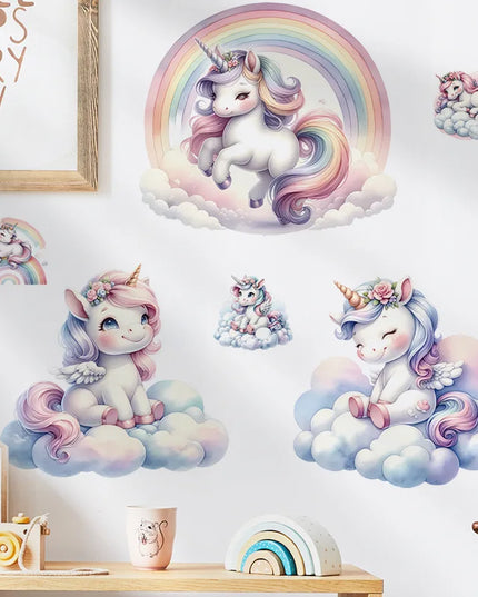 Einhorn Wandtattoo mit einem liegenden Einhorn, das von Sternen und einem Regenbogen umgeben ist, ideal für Mädchenzimmer.