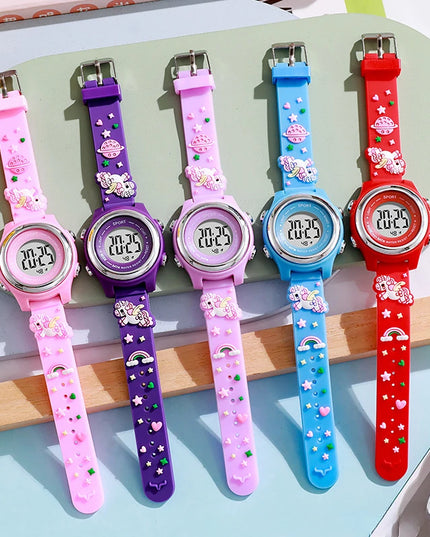 Pinke digitale Einhorn Uhr mit buntem Nachtlicht und Silikonarmband für Kinder