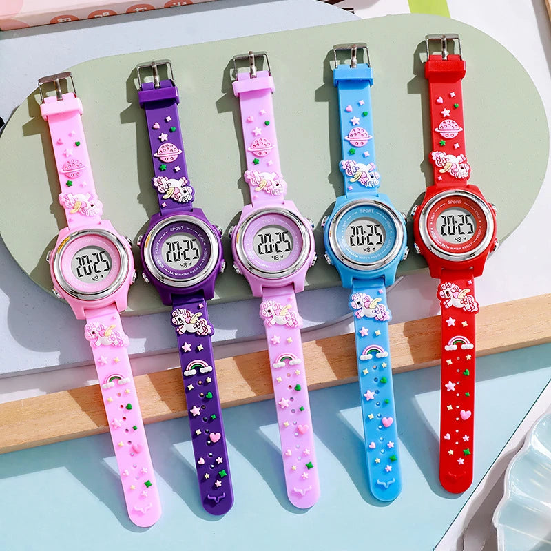 Pinke digitale Einhorn Uhr mit buntem Nachtlicht und Silikonarmband für Kinder