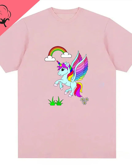 Pinkes Unisex Einhorn T-Shirt mit einer lustigen Einhorn- und Regenbogen-Grafik auf der Brust, kurze Ärmel