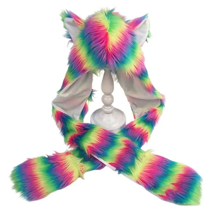 Flauschige 3-in-1 Einhorn-Mütze mit Regenbogenfarben, Wolfsohren und Pfoten für Frauen und Mädchen, ideal für kalte Tage.