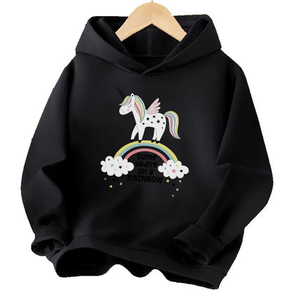 Mädchen Einhorn Hoodie in Schwarz mit Cartoon-Einhorn-Print und langen Ärmeln