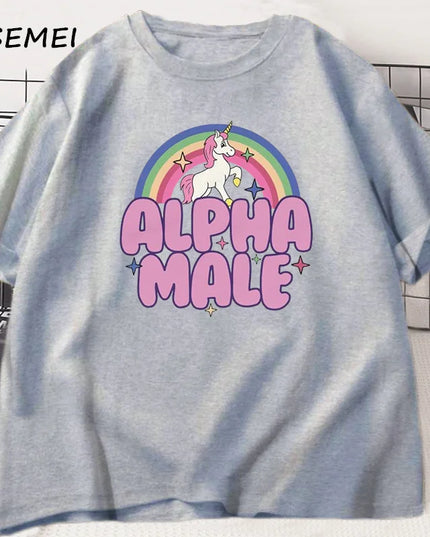 Graues Einhorn T-Shirt mit einem farbenfrohen Regenbogen-Einhorn-Motiv für Herren, lässig und bequem.