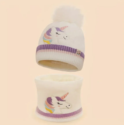 Weißes Einhorn Mützen- und Halswärmer-Set mit Pom-Pom und Stickerei, fleecegefüttert für kalte Wintertage