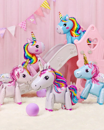 Riesiger 3D Einhorn Folienballon aus Aluminiumfolie in Regenbogenfarben, perfekt als Dekoration für Geburtstagsfeiern.
