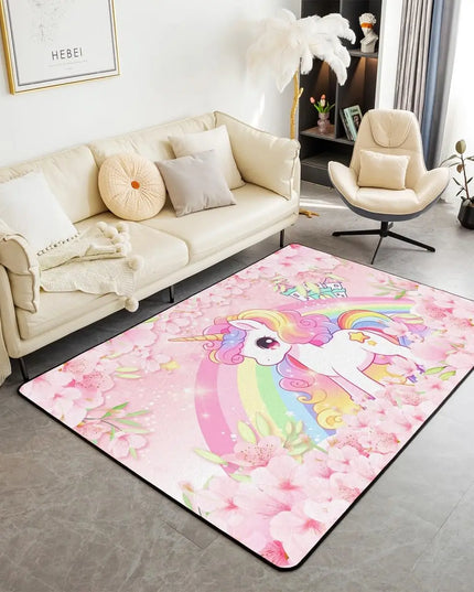 Lieblicher Einhorn Teppich mit süßem Cartoon-Tier und Kirschblüten, rutschfest und weich für den Innenbereich