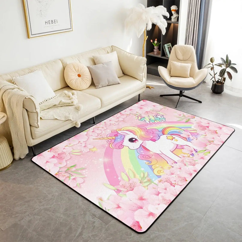 Lieblicher Einhorn Teppich mit süßem Cartoon-Tier und Kirschblüten, rutschfest und weich für den Innenbereich