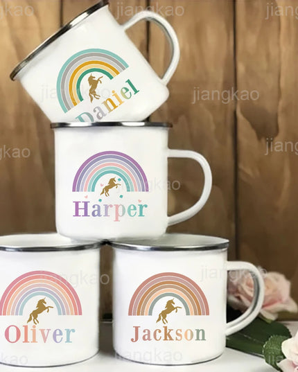 Personalisierte Einhorn Tasse aus Emaille mit Regenbogen und Namen, ideal für Kindergeburtstage