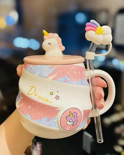 Süße rosa Einhorn Trinkflasche aus Keramik mit Löffel, Deckel und Staubschutz, gefüllt mit Kaffee oder Tee