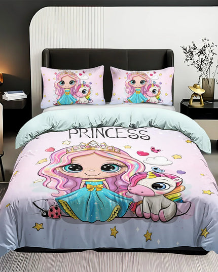 Einhorn Bettwäsche mit süßem Cartoon-Motiv von Prinzessinnen und Einhörnern in einem märchenhaften Design