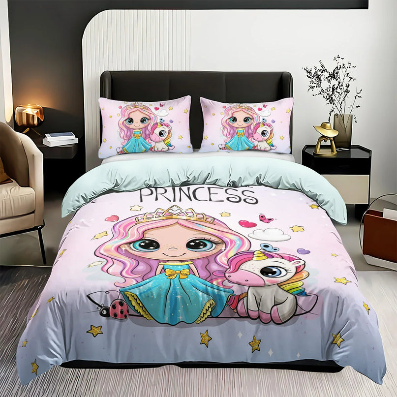 Einhorn Bettwäsche mit süßem Cartoon-Motiv von Prinzessinnen und Einhörnern in einem märchenhaften Design