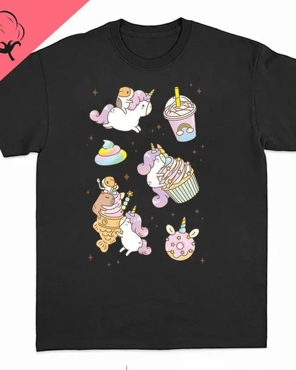 Unisex Einhorn T-Shirt in Schwarz mit lustigem Cartoon-Einhorn-Motiv aus Baumwolle