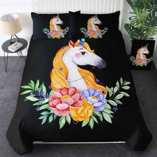 Einhorn-Bettwäsche Multicolor Blumen